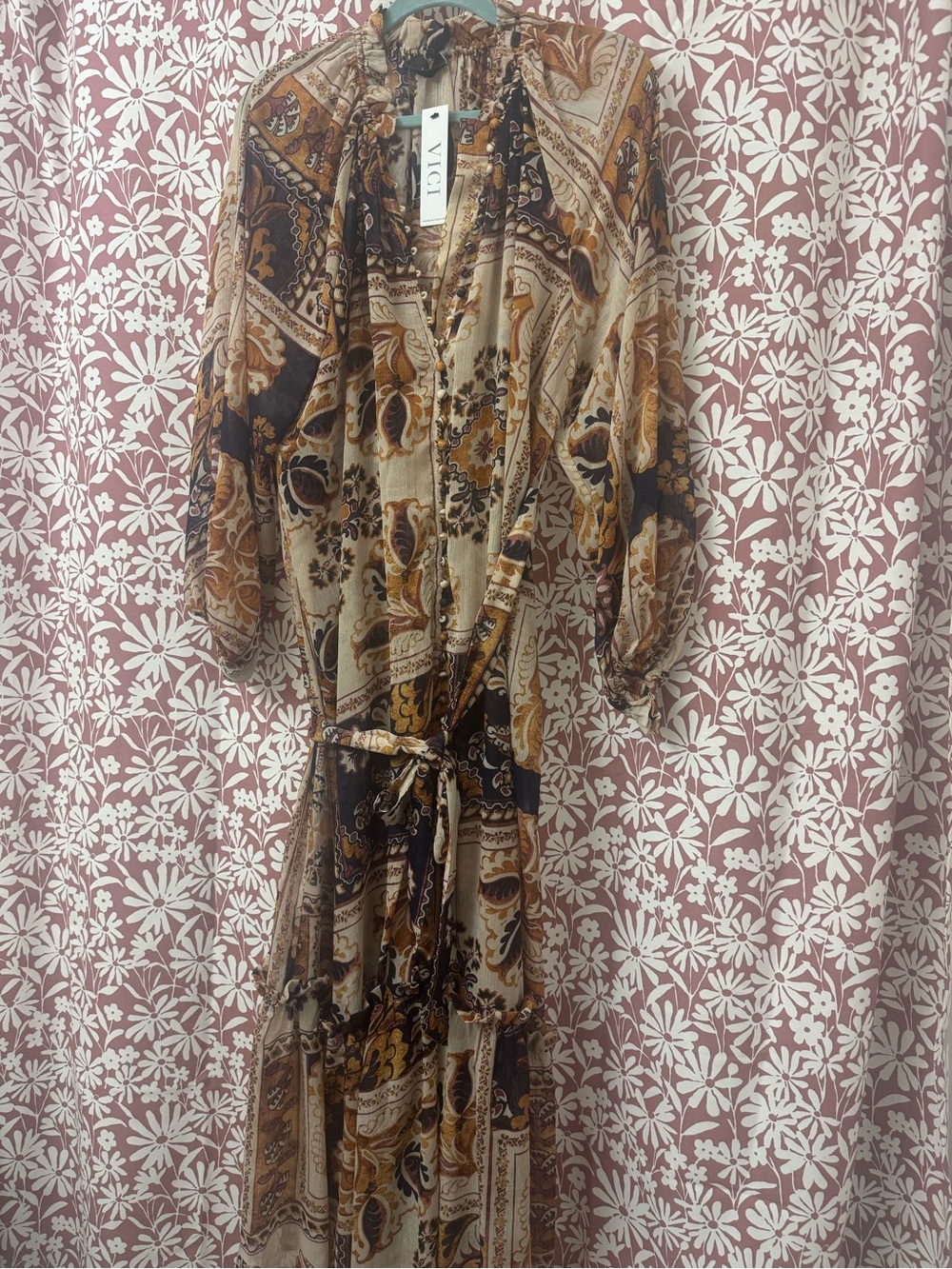 VICI Paisley & Floral Tie-Waist Maxi Dress in Brown and Cream